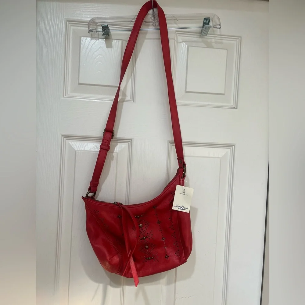 NEW LUCKY BRAND Newport‎ Red Studded Vegan Leather Small Cross-body hobo bag